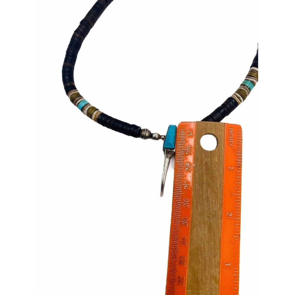Vintage Navajo Handmade Silver Turquoise Pipestone Beaded Necklace Claw Pendant - Picture 5 of 13